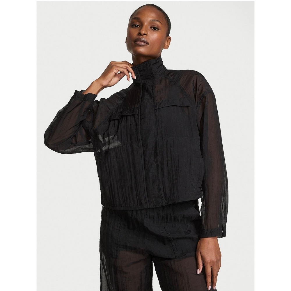 VSX Victoria's Secret Black Sheer Ripstop Windbreaker Cropped Jacket Medium NEW